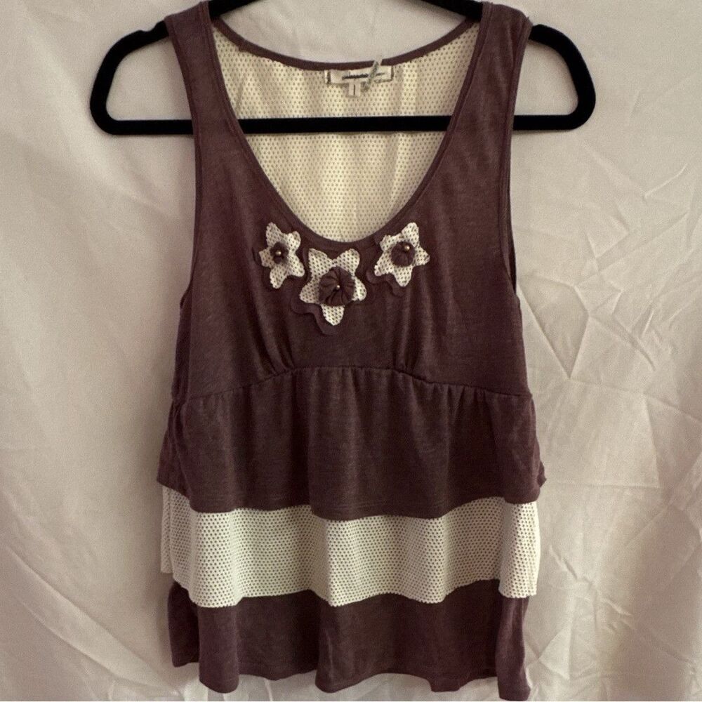Ruby Rose Maroon White Colorblock Mesh Ruffle Scoop Neck Tank Top L 10085